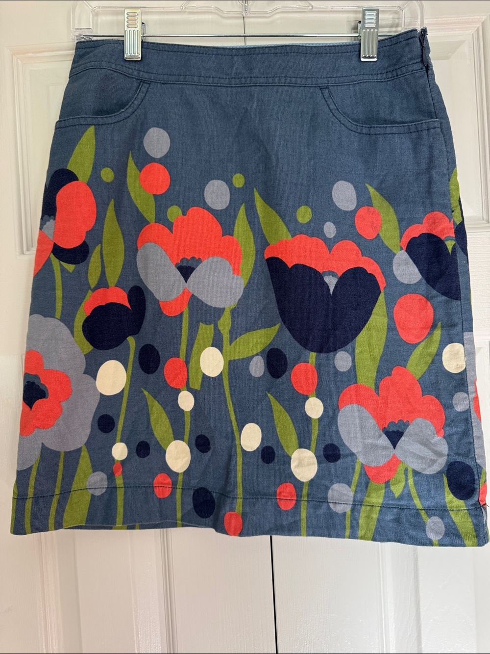 Boden Floral Cotton Canvas Poppy Blue A-Line Skirt with Coral and Green, Sz 4R